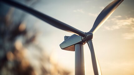 Close up of a wind turbine at sunset. Alternative energy source.