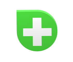 white medic cross symbol with green decoration like droplet, 3d icon, 3d illustration, medic icon.