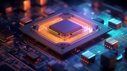 Fototapeta na wymiar Microchip or microprocessor, hardware engineering. Futuristic microchip processor. Generative AI