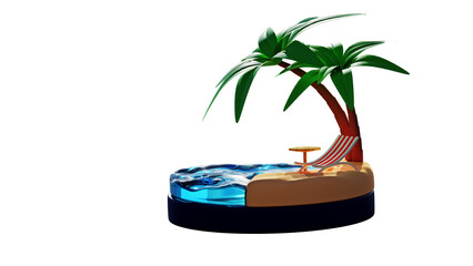 Little island in blue sea and the beach with palm tree and beach chair 3D rendering