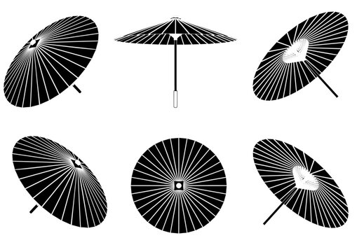和傘の白黒シルエットイラスト素材セット