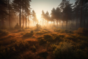 Foggy morning in a pine forest. Autumn landscape at dawn. Photorealistic illustration generative AI.
