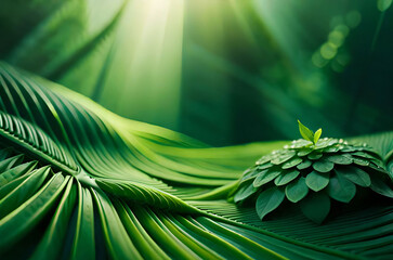 Abstract green leaves with rain drops background. Natural textured foliage. Generated Ai