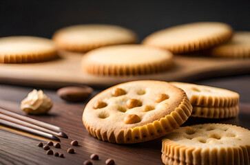 Scattered crumbs of vanilla chip butter cookies isolated on white background. Close-up view of brown crackers. Macro shot of yellow biscuit cake Generative AI