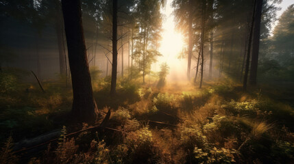 Fototapeta premium Foggy morning in a pine forest. Autumn landscape at dawn. Photorealistic illustration generative AI.