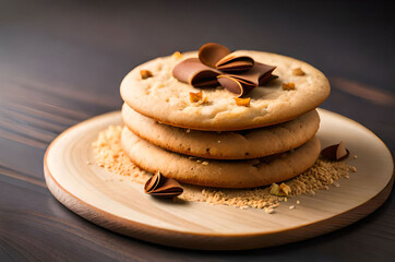 Scattered crumbs of vanilla chip butter cookies isolated on white background. Close-up view of brown crackers. Macro shot of yellow biscuit cake leftovers for your design Generative AI