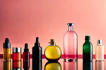 Different cosmetic glass bottles standing on pink background. Abstract pattern by shadows and reflections in the sunlight. Red, green and yellow shades. Flat lay style with copy space generative ai
