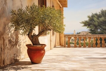 Fototapeta na wymiar olive tree on front veranda, generative ai
