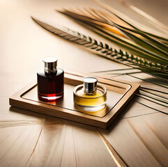 Two glass perfume samples with transparent brown liquid on wooden tray lying on beige background with pampas grass. Luxury and natural cosmetics presentation. generative ai