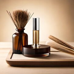  glass perfume sample with transparent brown liquid on wooden tray lying on beige background with pampas grass. Luxury and natural cosmetics presentation. Testers on woodcut in sunlight generative ai