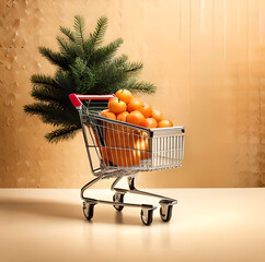 Small shopping cart with tangerines on beige background. Online shopping, fresh fruit delivery concept with copy space. Black Friday, Cyber Monday Sales. Christmas supermarket offers generative ai 