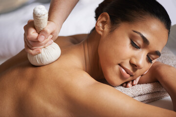 Girl, compress or hands for back massage in salon to relax for zen resting or wellness in physical...