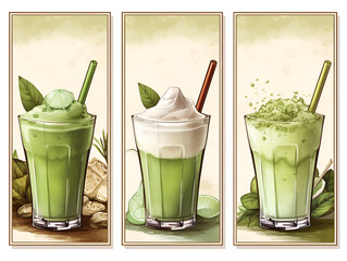 Set of matcha latte cocktails mixed with ice cubes and milk in glasses. Creative illustration of assortment of matcha green tea, light background. Green mocktail with ice cubes and milk. Generative AI