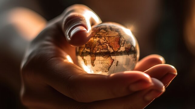 Globe in the hands of a girl on a dark background.