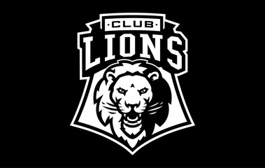 Monochrome sticker, sport logo with lion mascot. Black and white emblem with the head of a lion mascot on the background of a shield with a team font. Isolated vector illustration
