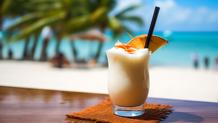 Pina Colada cocktail on the beach exotic cocktail with blurred blue ocean view and bounty beach white sand. Holiday,tropical resort concept