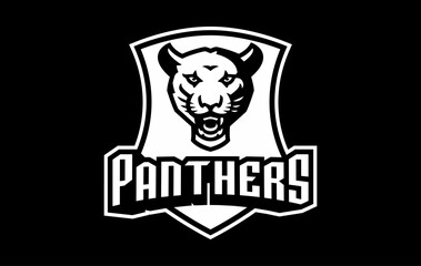 Monochrome sticker, sport logo with panther mascot. Black and white emblem with the head of a panther mascot on the background of a shield with a team font. Isolated vector illustration