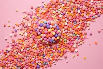 on pink background. top view. pink candy, generative ai
