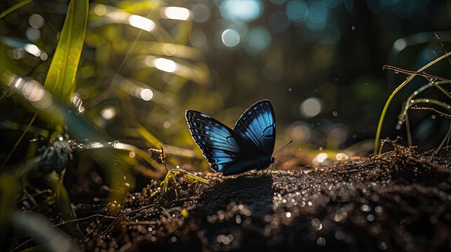 Ulysse butterfly in nature, morning light