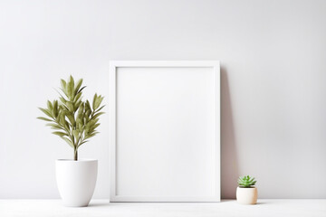 Empty square frame mockup in modern minimalist interior with plant in trendy vase on white wall background. Template for artwork, painting. Generative Ai content