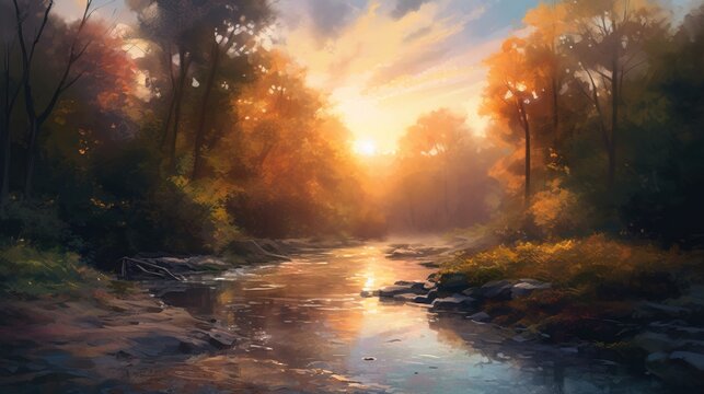 watercolor painting of a serene landscape with a flowing river, tall trees, and a setting sun casting warm hues across the sky