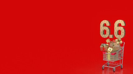 The 6.6 and shopping cart on red Background 3d rendering