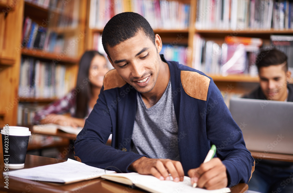 Aufkleber Study, writing and smile with man in library for education, research and classroom quiz. Focus, learning and notebook with male student on university campus for knowledge, scholarship and project