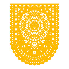 Papel Picado banner. Mexican party decoration. Paper garland with the Sun and flowers.