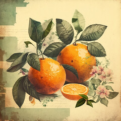 Fresh citrus fruits with leaves and flowers. Watercolor citrus, orange whole and slices in vintage style.