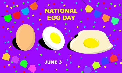 raw chicken eggs, boiled eggs and fried egg against a background of flags and pop paper party commemorating National Egg Day on June 3
