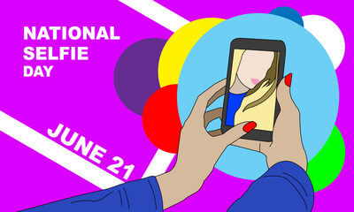 a woman taking a selfie with her cell phone with a colorful background and bold text commemorating National Selfie Day on June 21