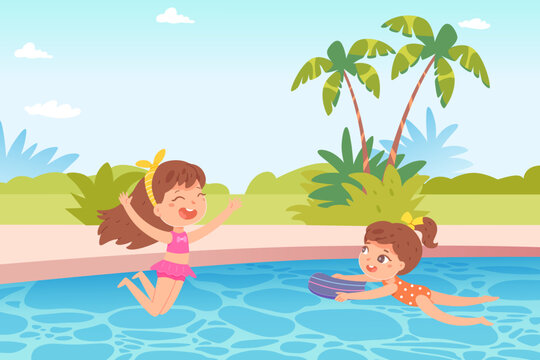 Happy children play in water of swimming pool, tropical landscape and summer vacation