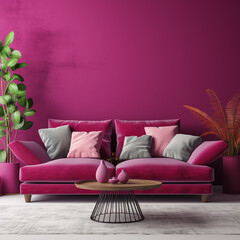viva magenta wall background mockup, Livingroom, sofa furniture, bright, soft tones