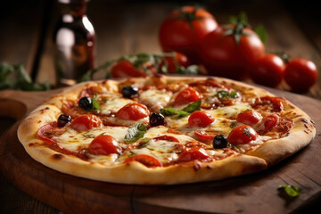 Hot tasty traditional italian pizza with salami, olives, cheese, tomatoes and mushrooms on wooden table decorated with vegetables and spices, AI Generated
