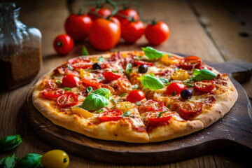 Hot tasty traditional pepperoni italian pizza with salami, olives, cheese, tomatoes and basil on wooden table decorated with vegetables and spices, AI Generated
