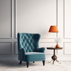 Wall mock up in warm tones with blue armchair, bright, Livingroom, sofa furniture