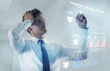 Business man, thinking and stock market on holographic interface with headache, stress or financial...