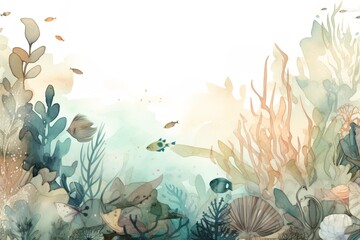 Fototapeta na wymiar Watercolor marine background with corals and fish. Hand drawn illustration