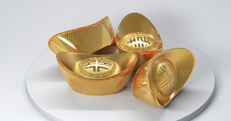 Chinese golden ingots are spinning on a stand, on a white background, 3d render. Foreign text means rich, lucky and blessed