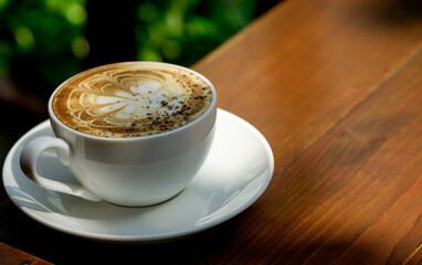 A coffee on the wood table background.