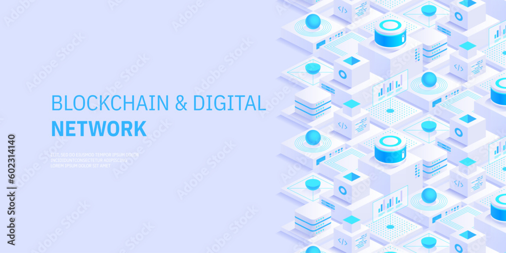 Poster abstract blockchain and digital cloud network technology background. artificial intelligence, deep l