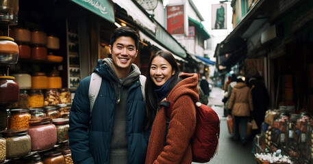 Fototapeta na wymiar Young japanese couple spending time together in Tokyo in shopping district, happy,smiling traveling couple in love in Asia