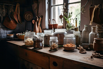 Zero waste rural kitchen in a cottagecore rustic style. Mason jars, sharing concept. Generative AI - obrazy, fototapety, plakaty