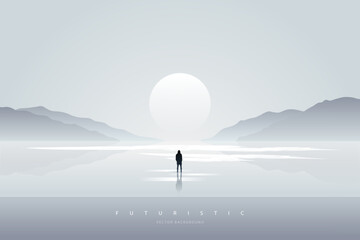 Minimal futuristic landscape. Mountain background with a lonely figure in front of the portal. Sci-Fi poster. Abstract art wallpaper for web, prints, art decoration and applications. Vector