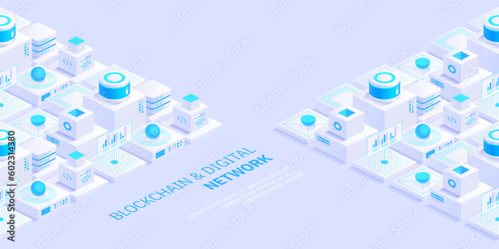 Poster abstract blockchain and digital cloud network technology background. artificial intelligence, deep l
