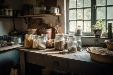 Fototapeta na wymiar Zero waste rural kitchen in a cottagecore rustic style. Mason jars, sharing concept. Generative AI