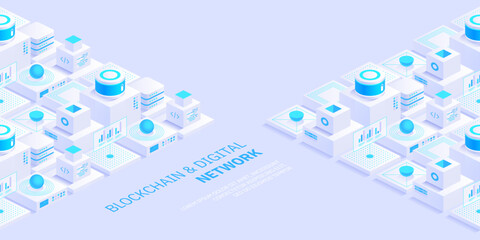Abstract blockchain and digital cloud network technology background. Artificial intelligence, deep learning and big data concept. Quantum technology. Isometric tech visual for screen pattern template.