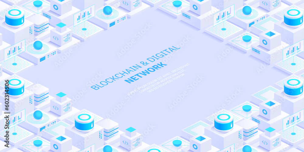 Poster abstract blockchain and digital cloud network technology background. artificial intelligence, deep l
