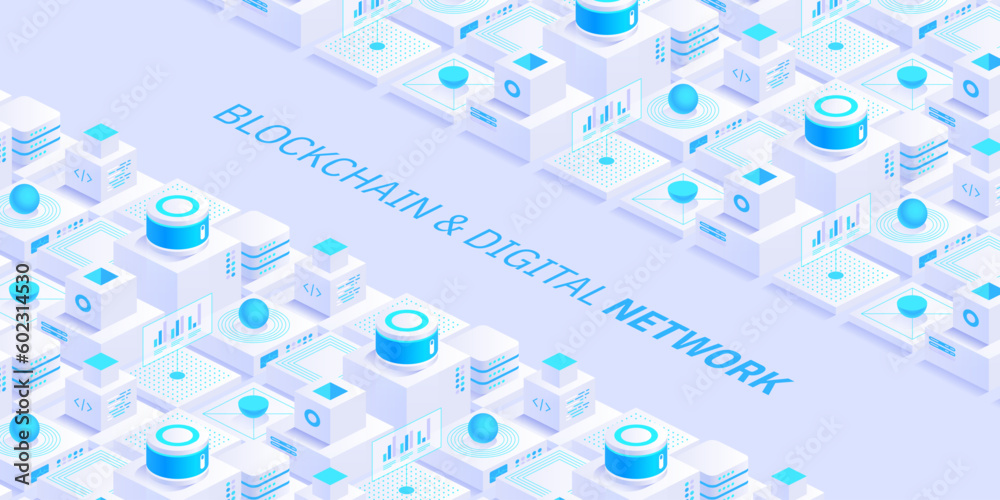 Poster abstract blockchain and digital cloud network technology background. artificial intelligence, deep l