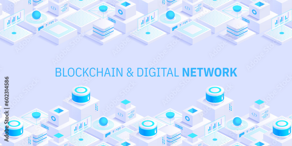 Poster abstract blockchain and digital cloud network technology background. artificial intelligence, deep l